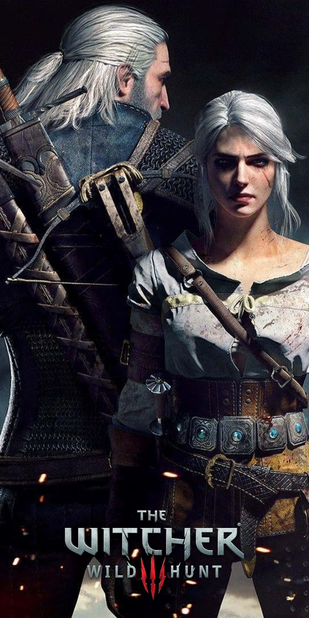 Pixel 3 The Witcher 3 桌布 壁紙 — 兩位銀髮戰士身穿精細盔甲，站在一個黑暗、粗獷的場景中，周圍火花四濺。