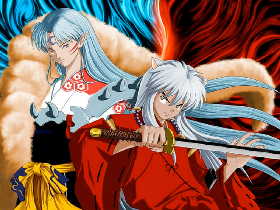 Bushido 桌布 壁紙 — 兩位銀髮狐耳動漫戰士，在旋轉的紅藍能量背景下準備戰鬥。