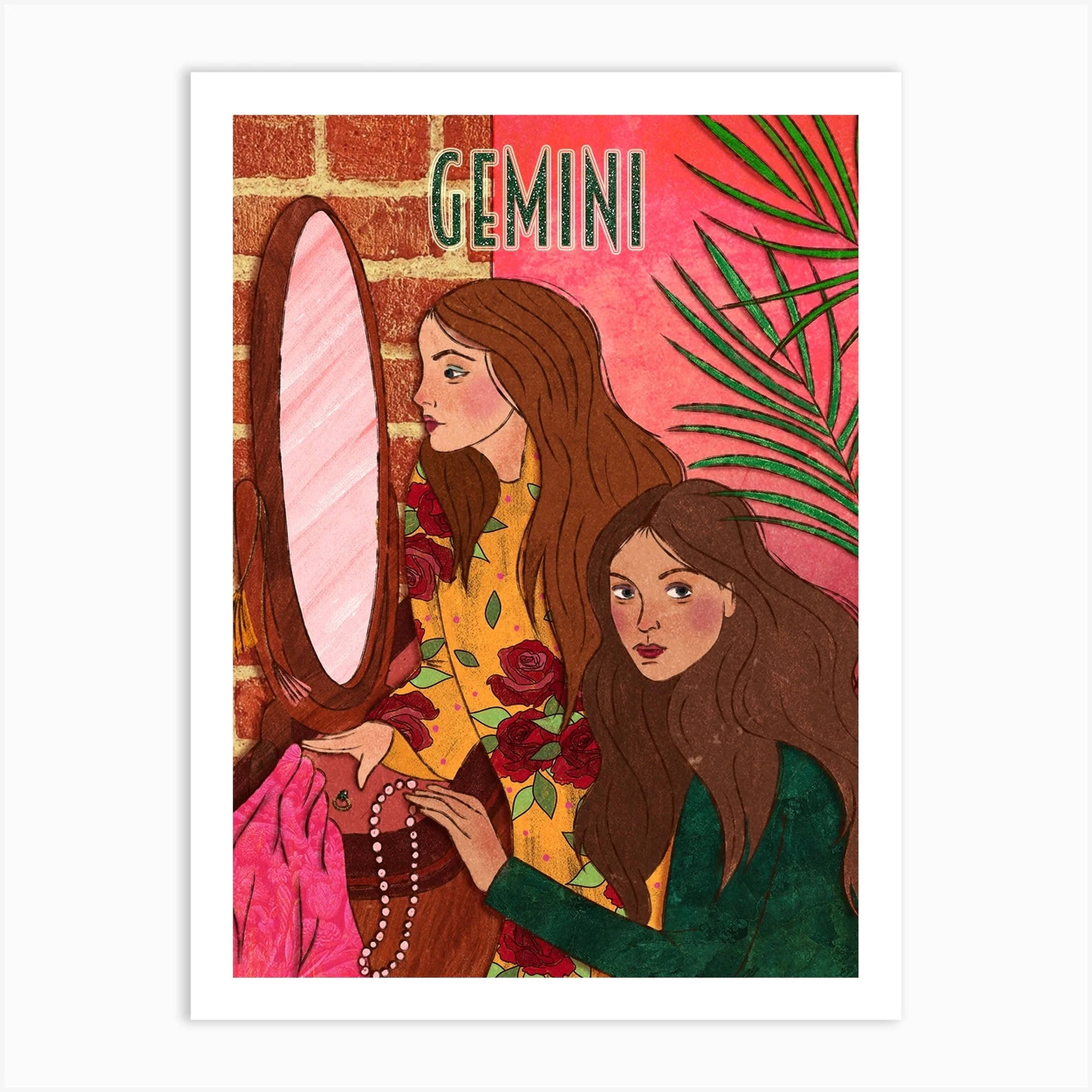gemini 桌布 壁紙 — 兩位長棕髮的插畫女性互相凝視，一位在鏡中，一位直接面向觀眾，背景是磚牆和棕櫚葉。