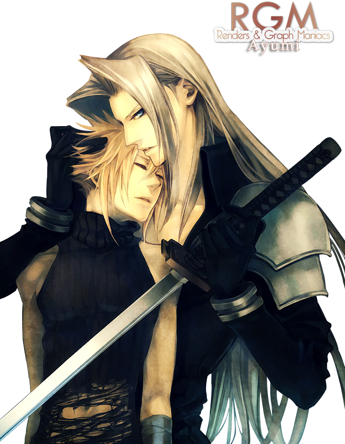 Sephiroth 桌布 壁紙 — 兩位長銀色頭髮的動漫戰士在黑色背景下緊緊擁抱，其中一人手持劍，另一人將頭靠在其肩膀上。