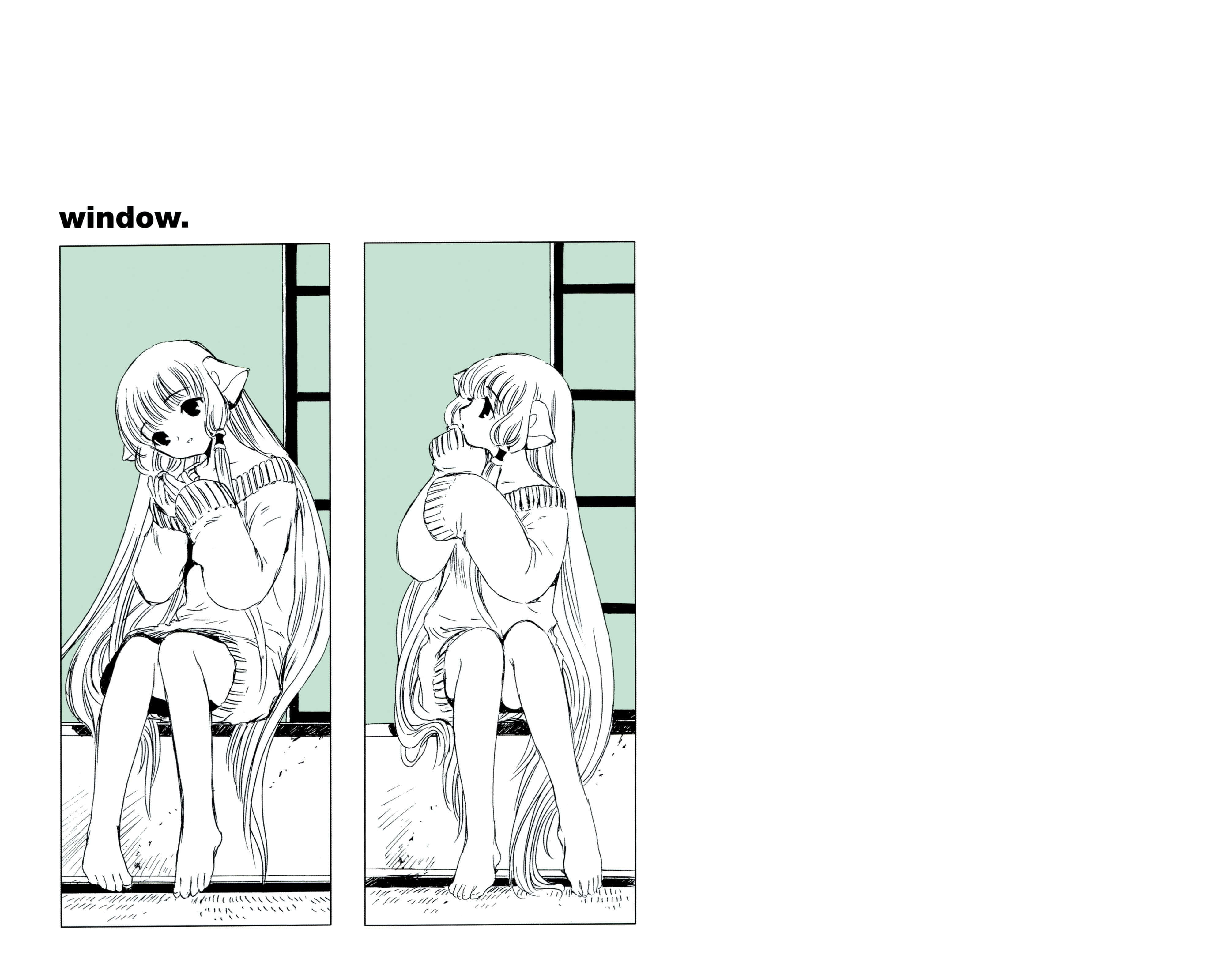Chobits 桌布 壁紙 — 兩位長髮動漫女孩坐在窗邊，以極簡黑白線條風格呈現，一位低頭，另一位望向窗外。