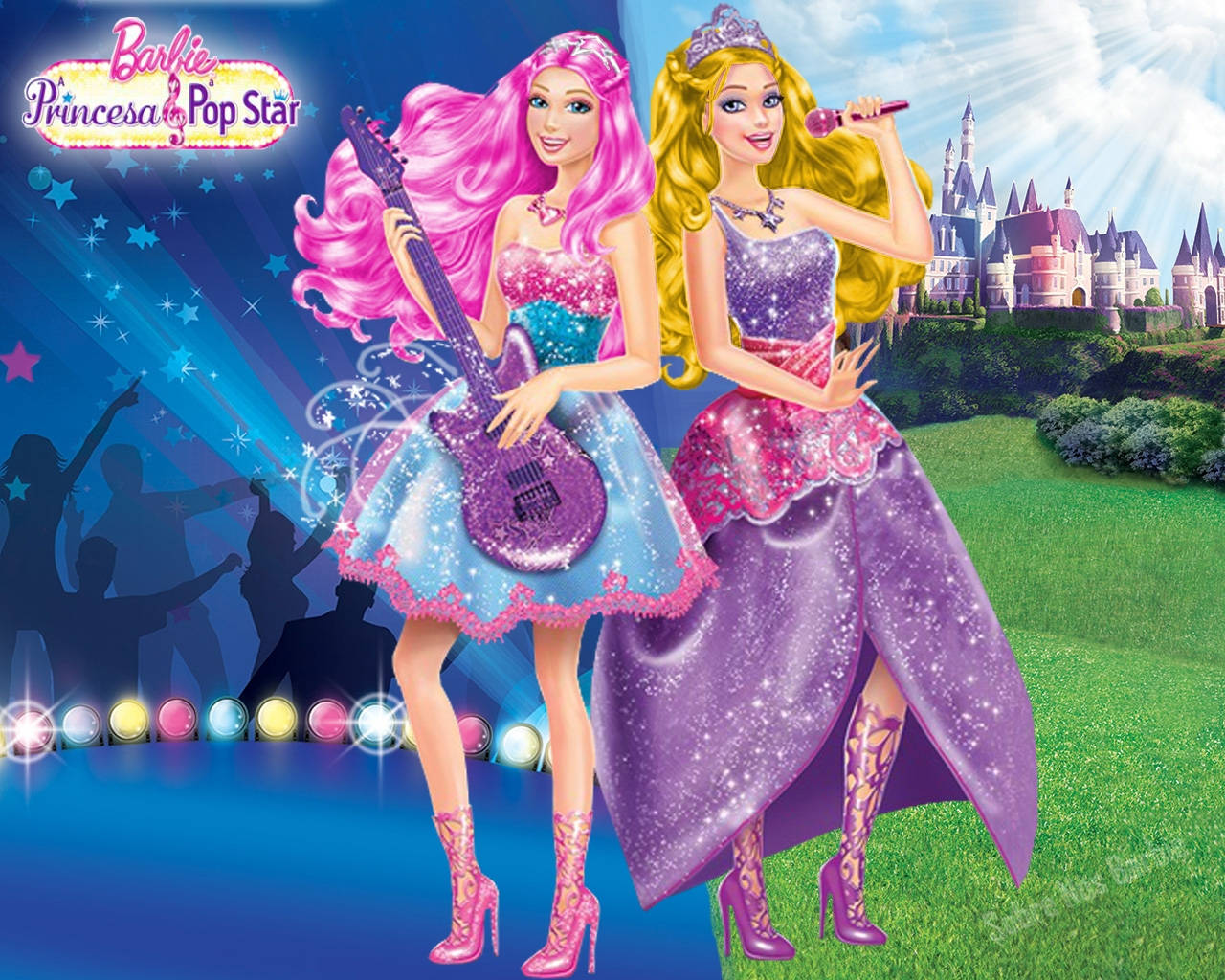 Princess 桌布 壁紙 — 兩位閃閃發光的芭比流行歌星在星空下以城堡為背景的活力舞台上表演。