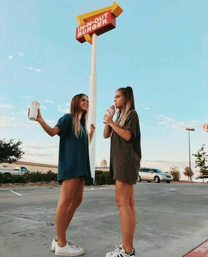 Best Friend Aesthetic 桌布 壁紙 — 兩位面帶微笑的朋友穿著寬鬆襯衫，在晴朗的藍天下，在In-N-Out Burger標誌旁啜飲飲料。