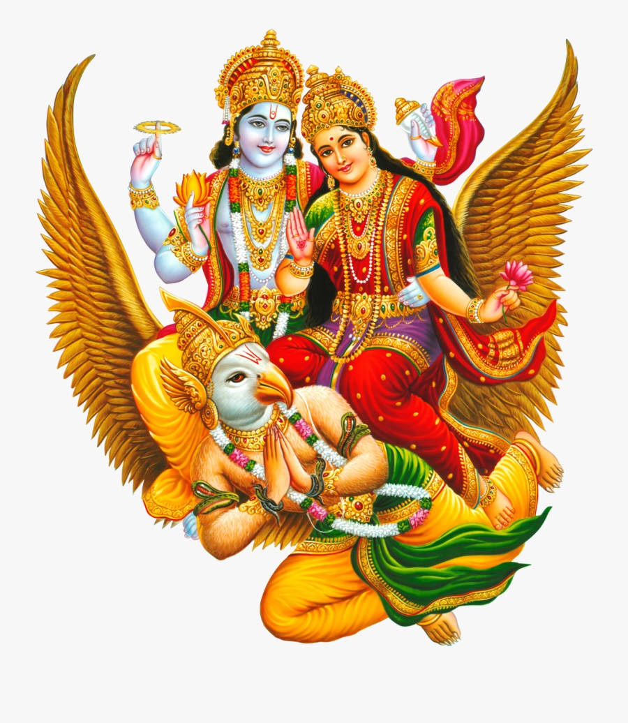 Lakshmi 桌布 壁紙 — 兩位頭戴金冠、身飾珠寶的神聖人物，騎著一隻展翅的雄偉金鷹。