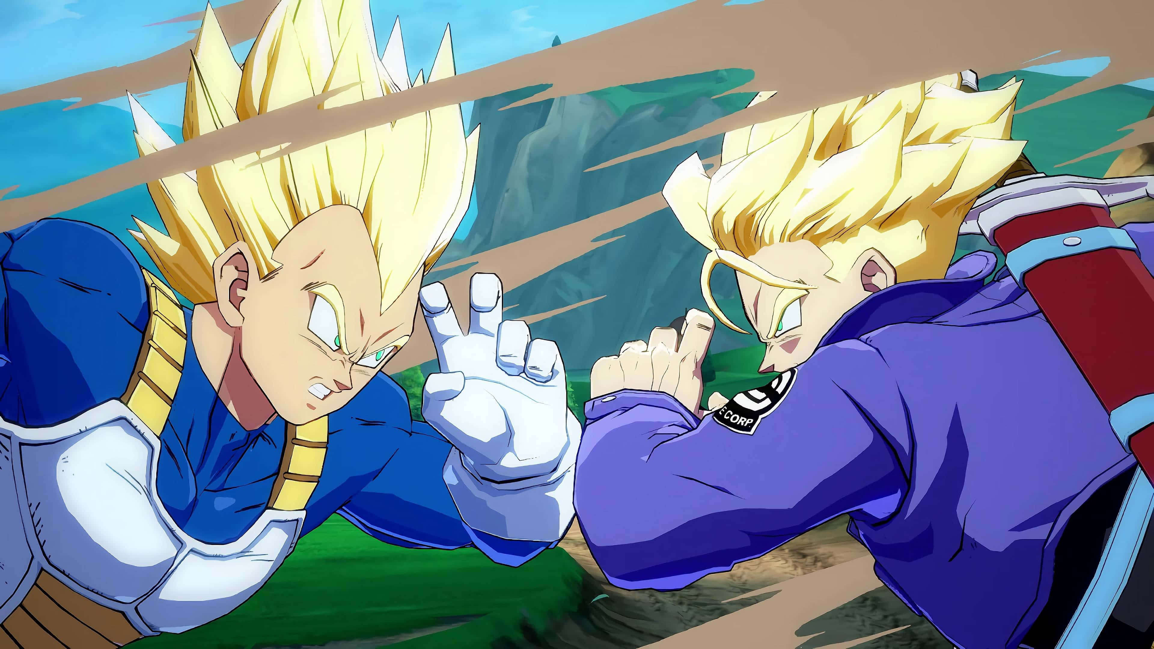 Vegeta And Trunks 桌布 壁紙 — 兩位頭髮尖刺的動漫戰士，身穿藍色和紫色服裝，在群山背景下以動態戰鬥姿勢交鋒。
