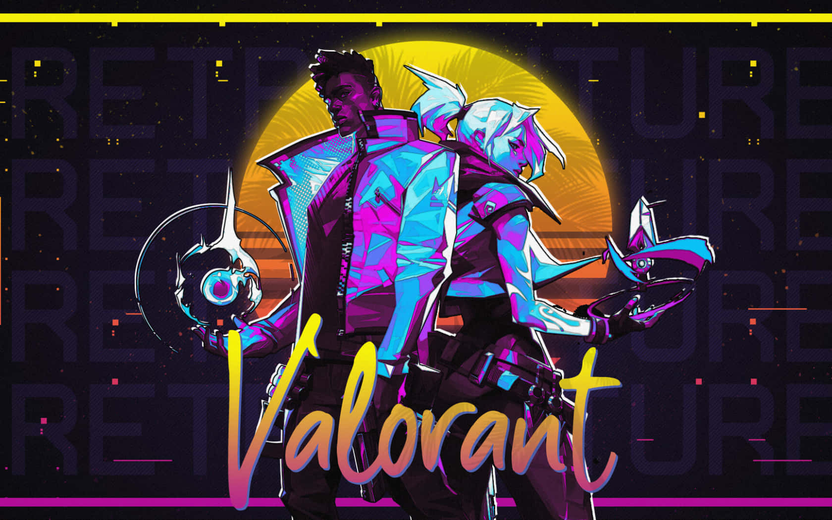 Valorant Desktop 桌布 壁紙 — 兩位風格化的Valorant特工在重複文字的黑暗數位背景下，背對著發光的黃色太陽站立。