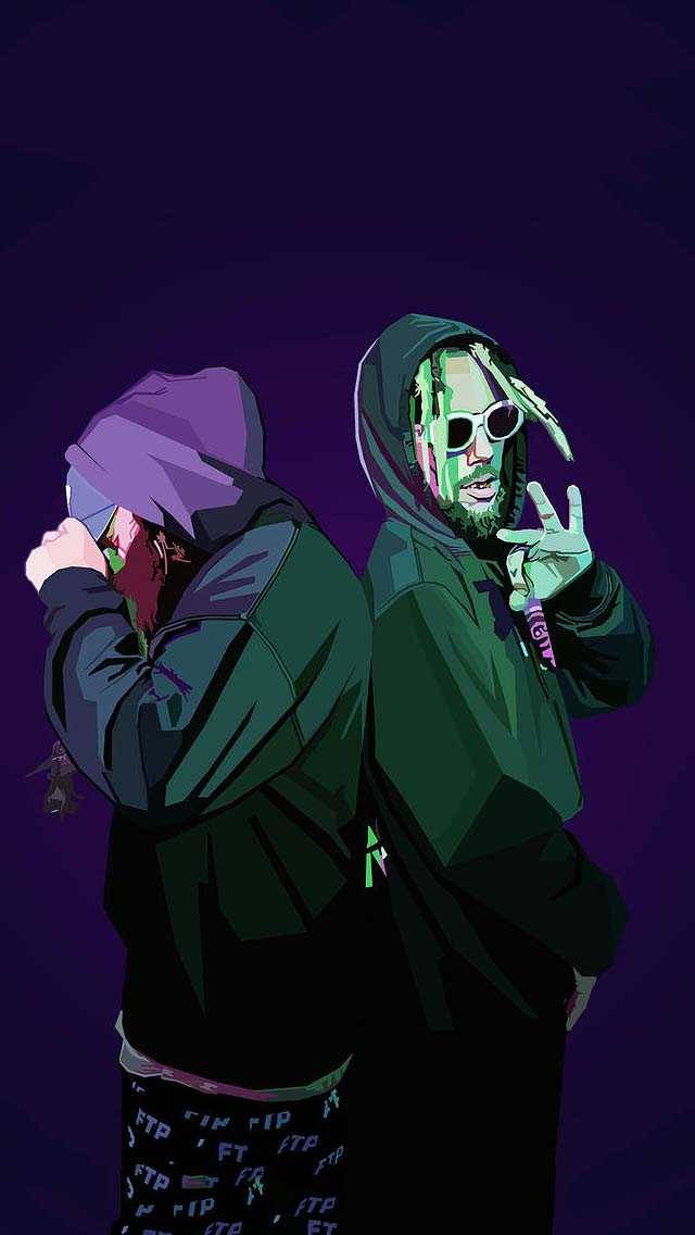 suicideboys 桌布 壁紙 — 兩位風格化的嘻哈藝術家穿著連帽衫，在深紫色背景前擺姿勢，一位背對，另一位做出和平手勢。