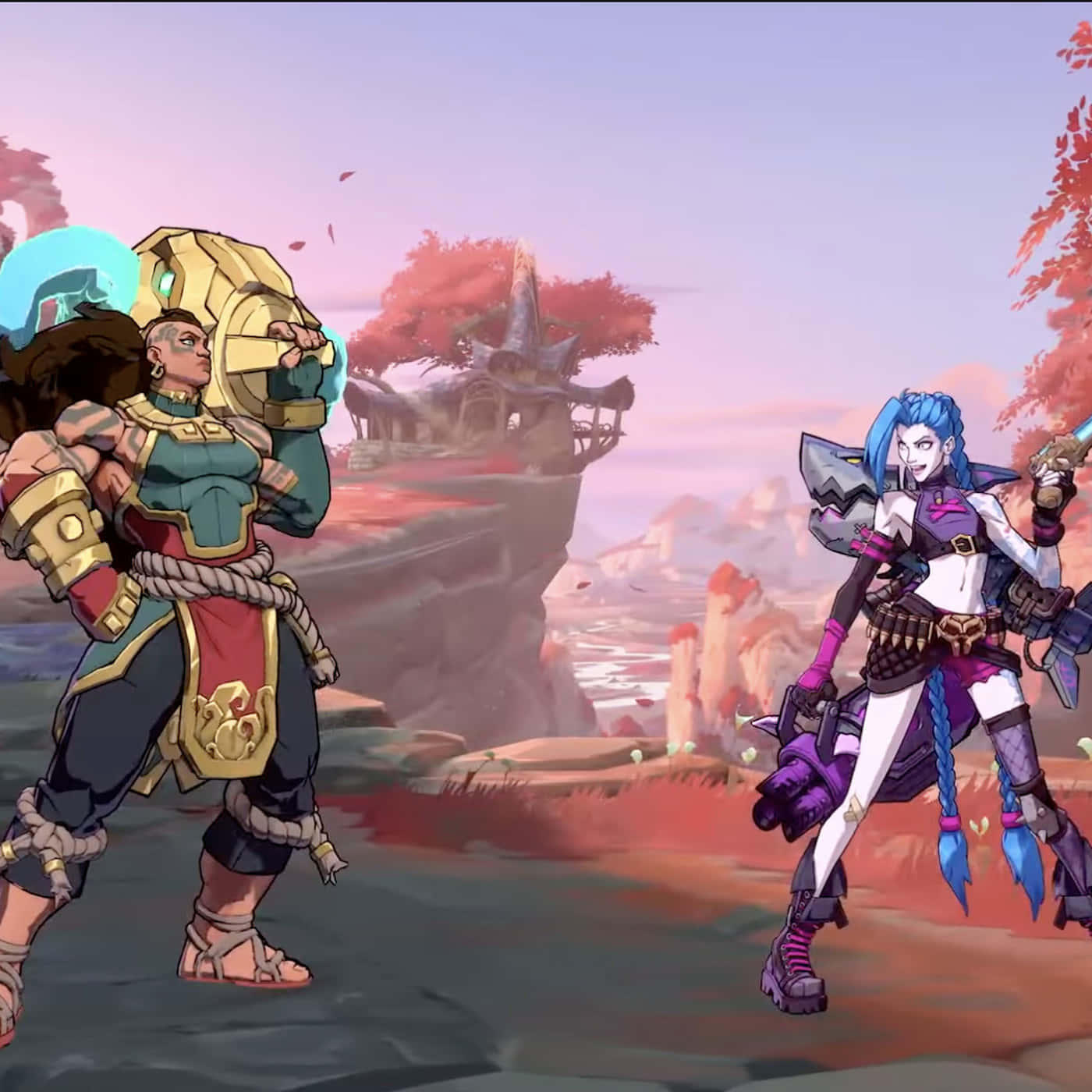 Fighting Games 桌布 壁紙 — 兩位風格化的奇幻戰士站在超現實的峽谷中，漂浮的廢墟和秋日樹木在柔和的粉紅色天空下。
