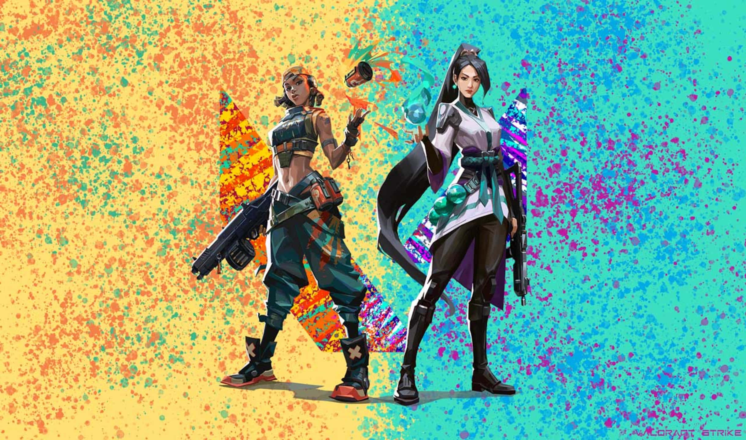 電玩遊戲 桌布 壁紙 — 兩位風格化的女戰士手持武器，站在黃色和藍色的鮮豔潑濺背景前。