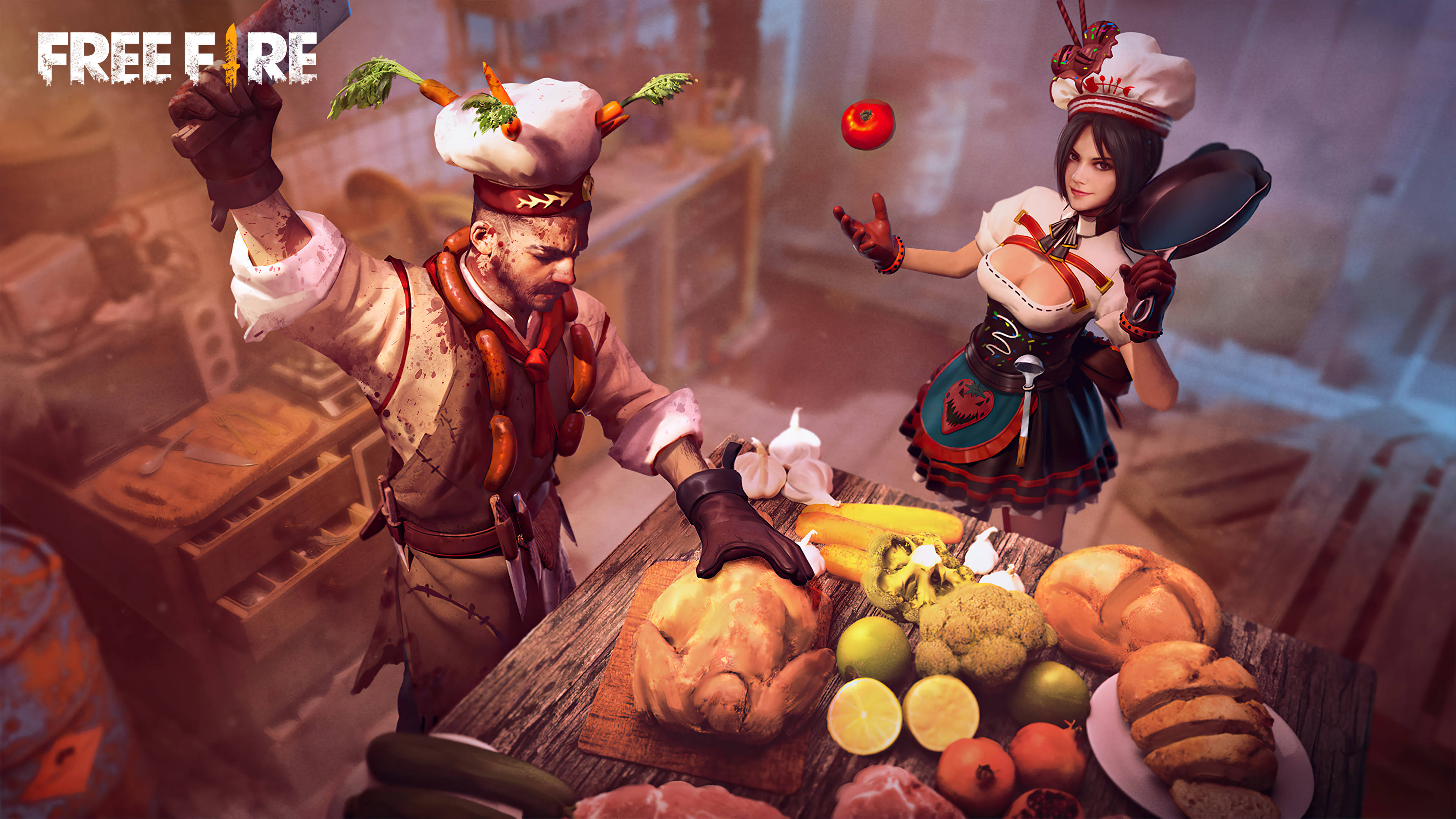free fire bundle 桌布 壁紙 — 兩位風格化的廚師在混亂的廚房裡拋擲蔬菜，並烹調一隻被色彩繽紛食物包圍的烤雞。