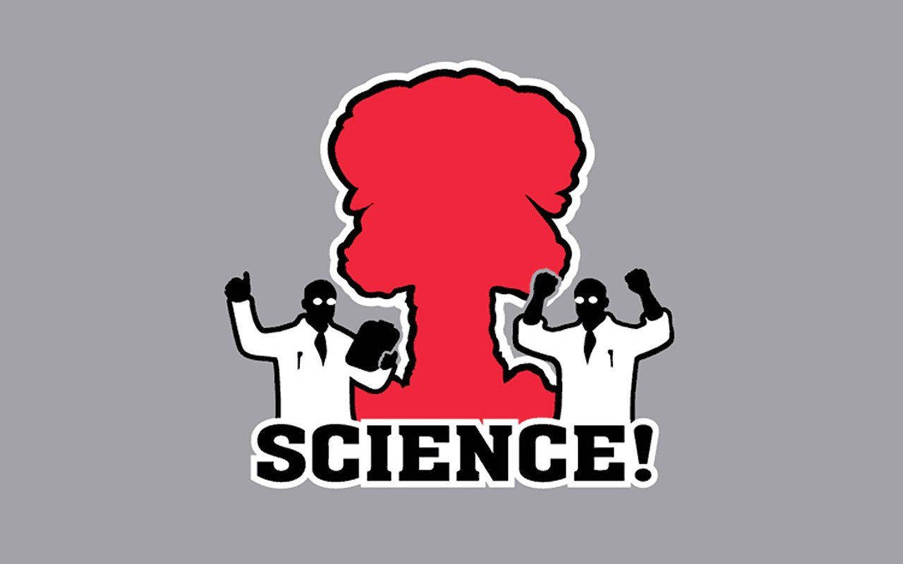 科學 桌布 壁紙 — 兩位風格化的科學家身穿白袍，愉快地慶祝紅色原子爆炸，下方有「SCIENCE!」字樣。