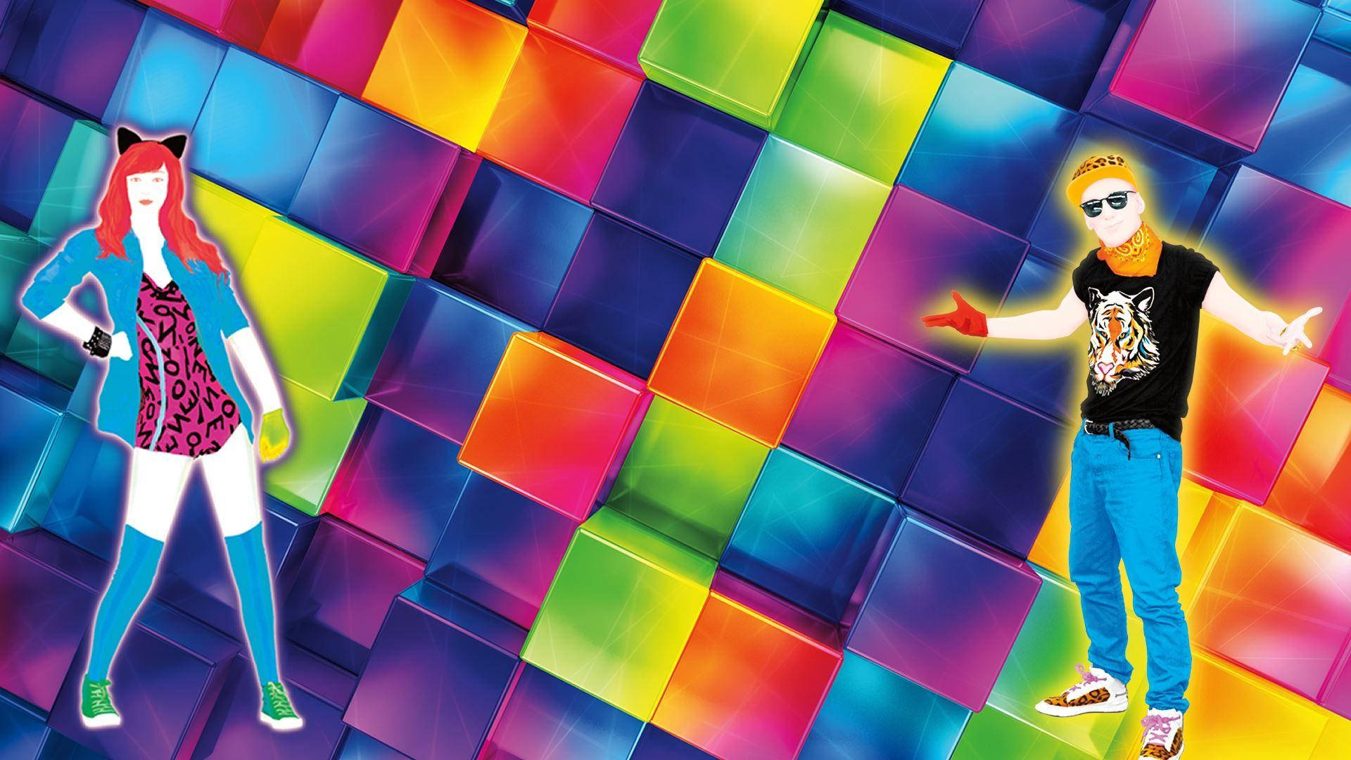 Just Dance 桌布 壁紙 — 兩位風格化的舞者在充滿活力的發光多色立方體網格上擺出姿勢。