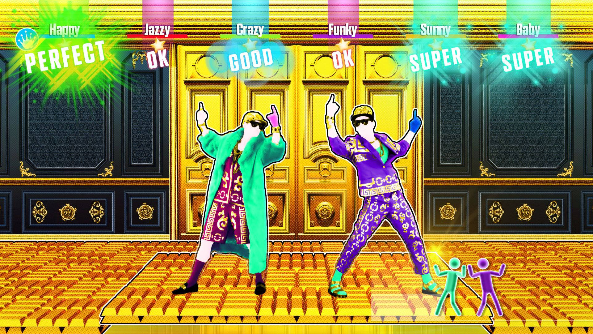 Just Dance 桌布 壁紙 — 兩位風格化的舞者穿著鮮豔的服裝，在金色舞台上表演，上方有發光的得分指示器。