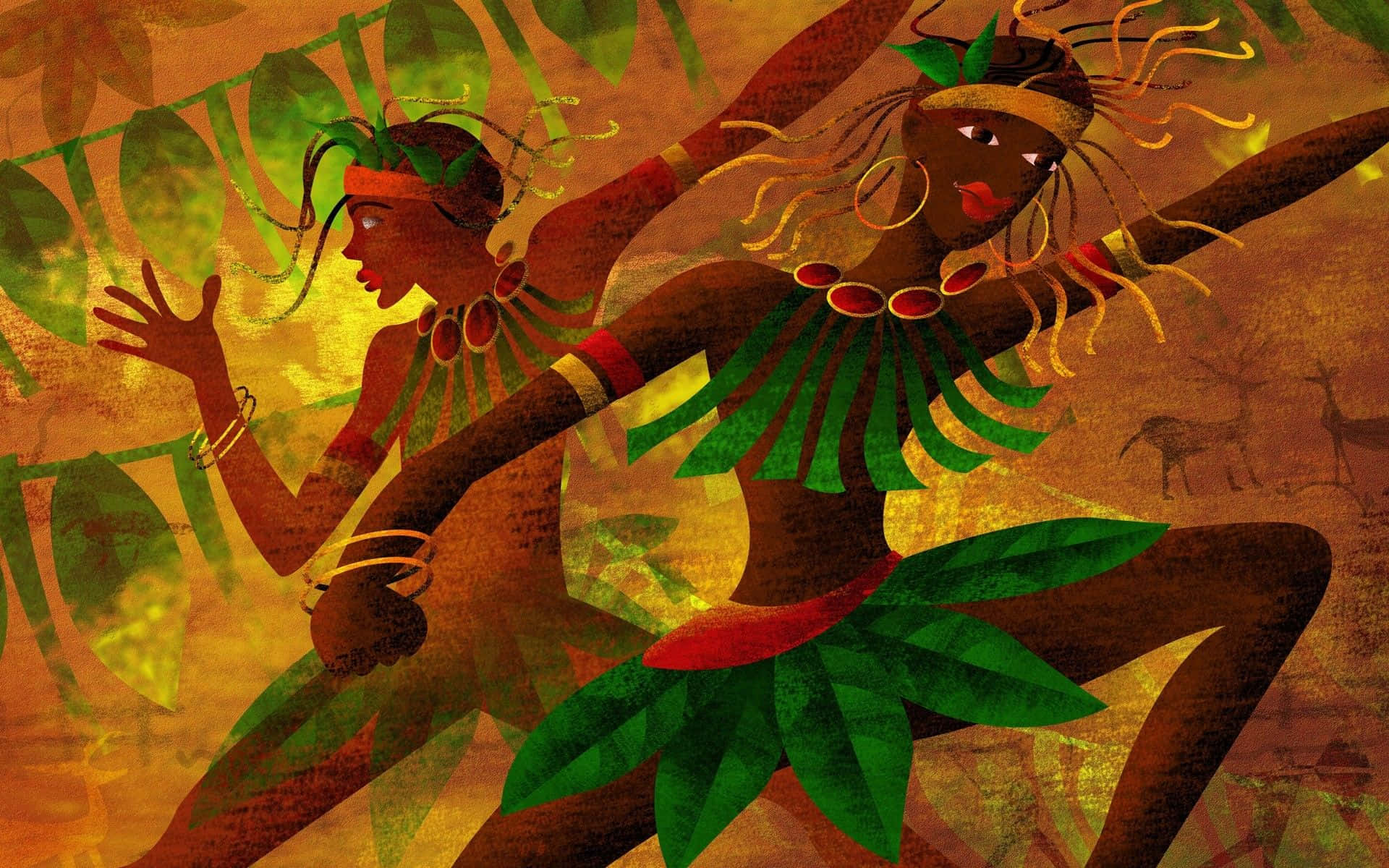 African Culture 桌布 壁紙 — 兩位風格化的舞者身穿鮮豔的綠色和金色葉子服飾，在溫暖質感的叢林背景下動態移動。