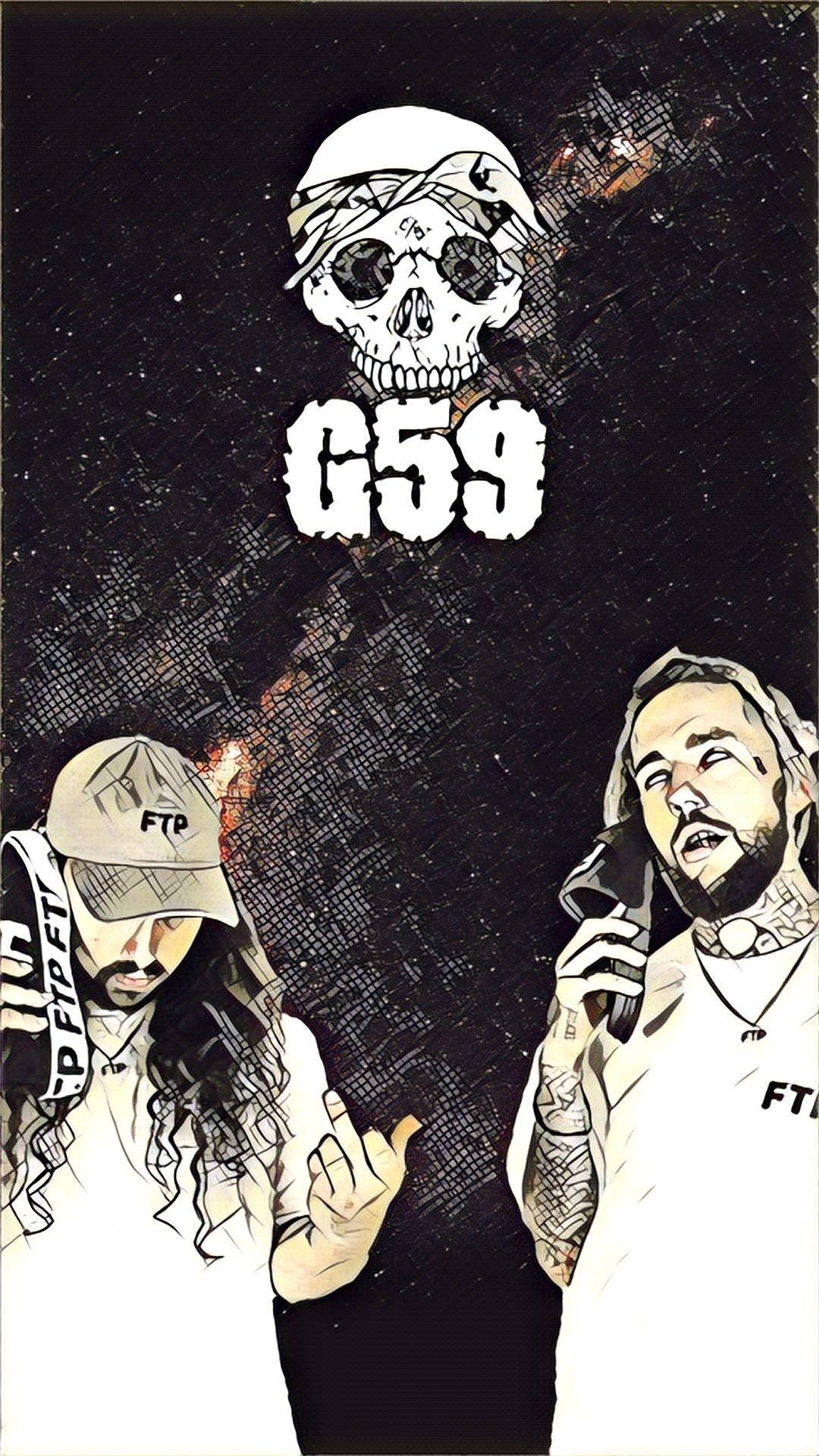 suicideboys 桌布 壁紙 — 兩位風格化的饒舌歌手身穿白色服裝，在帶有「G59」字樣的骷髏標誌下，以粗糙的深色背景為襯托擺出姿勢。