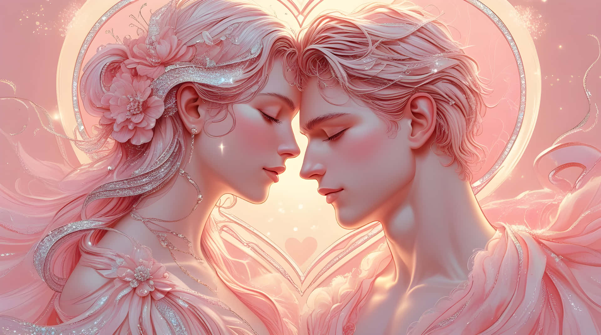 Beautiful couple's love 壁紙 — 兩位飄逸的戀人，擁有飄逸的粉紅色頭髮和花卉裝飾，在發光的愛心形光環下溫柔地凝視著對方。