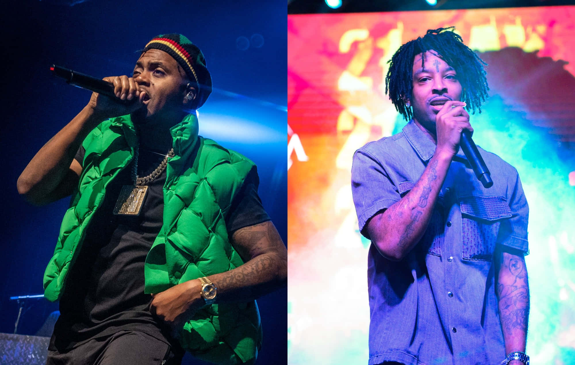 21 Savage 桌布 壁紙 — 兩位饒舌歌手在色彩繽紛的燈光下於舞台上表演，一位身穿綠色背心，另一位身穿藍色襯衫，兩人都手持麥克風。