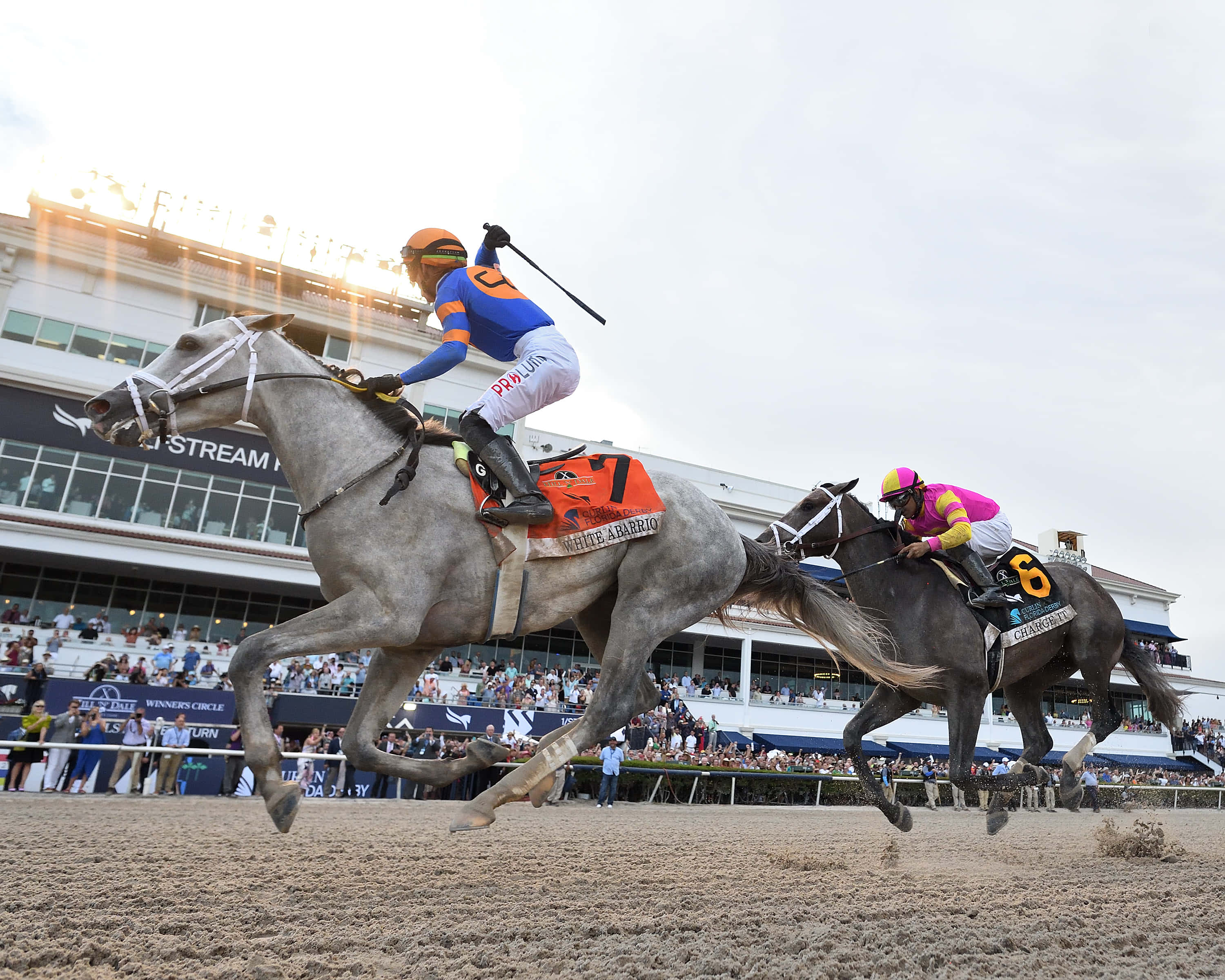 Kentucky Derby 桌布 壁紙 — 兩位騎師在陽光照耀的泥地賽道上高速策騎灰色和深色馬匹，看台上坐滿了觀眾。