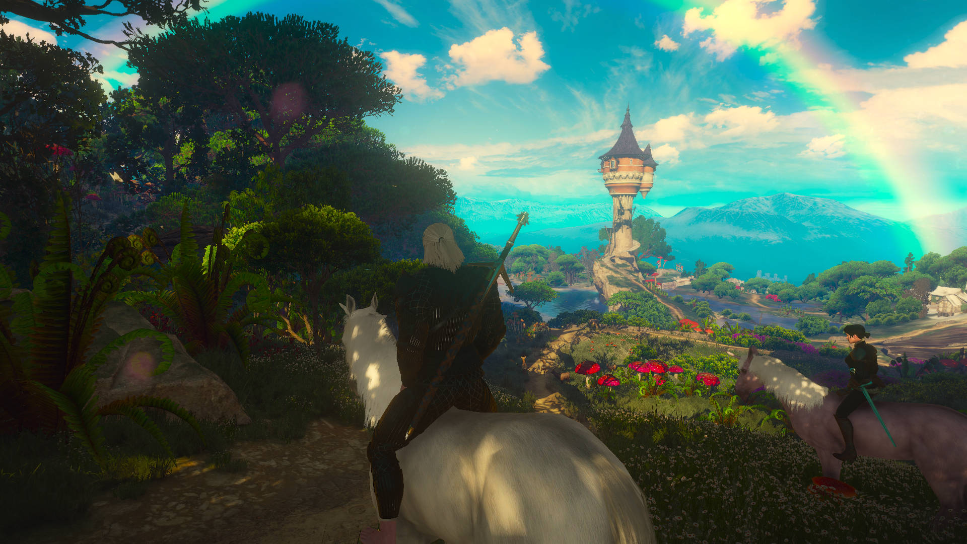 witcher 4K 桌布 壁紙 — 兩位騎手騎著白馬穿過茂密的森林小徑，朝著遠方的塔樓前進，天空色彩斑斕，掛著一道彩虹。