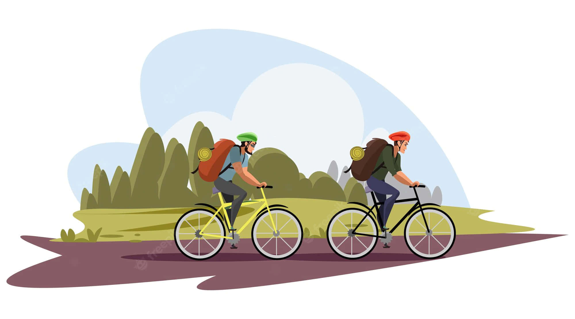 bike riding 桌布 壁紙 — 兩位騎自行車的人沿著蜿蜒小徑，穿過風格化的綠色山丘，在柔和的藍天下踩踏前行。