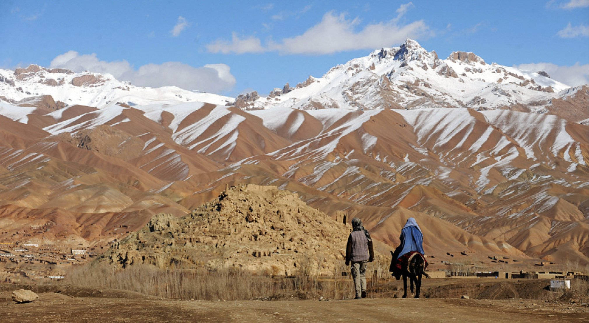 Afghanistan 桌布 壁紙 — 兩位騎馬的旅人穿越崎嶇的沙漠山谷，下方是高聳的雪山，上方是明亮的藍天。