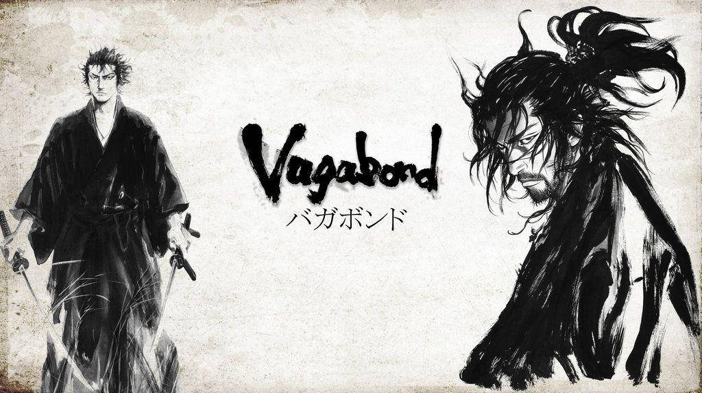 Vagabond 桌布 壁紙 — 兩位黑色水墨風格的武士戰士，在帶有紋理的羊皮紙背景上持劍擺好姿勢。