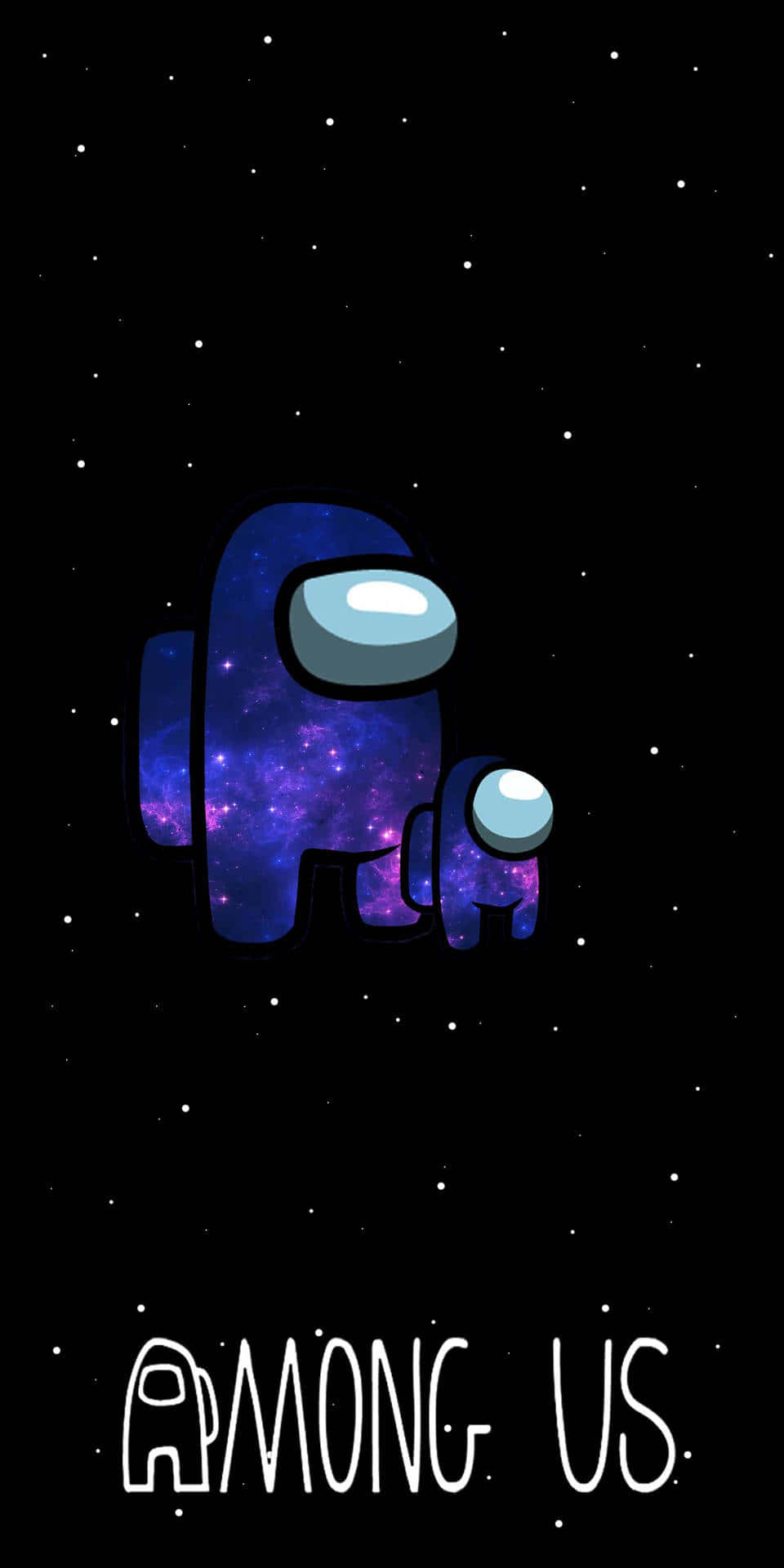 美學 在我們之間 桌布 壁紙 — 兩個 Among Us 角色在星空宇宙中漂浮，身穿銀河圖案套裝和發光頭盔。