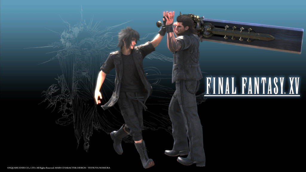 Xv 桌布 壁紙 — 兩個《Final Fantasy XV》角色在深藍色漸變背景上擊掌，背景有發光劍和草圖風格的翼設計。