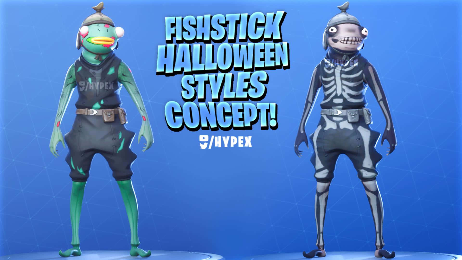 Fortnite Fishstick 桌布 壁紙 — 兩個 Fortnite Fishstick 萬聖節皮膚並排站在藍色網格背景上，帶有發光文字。