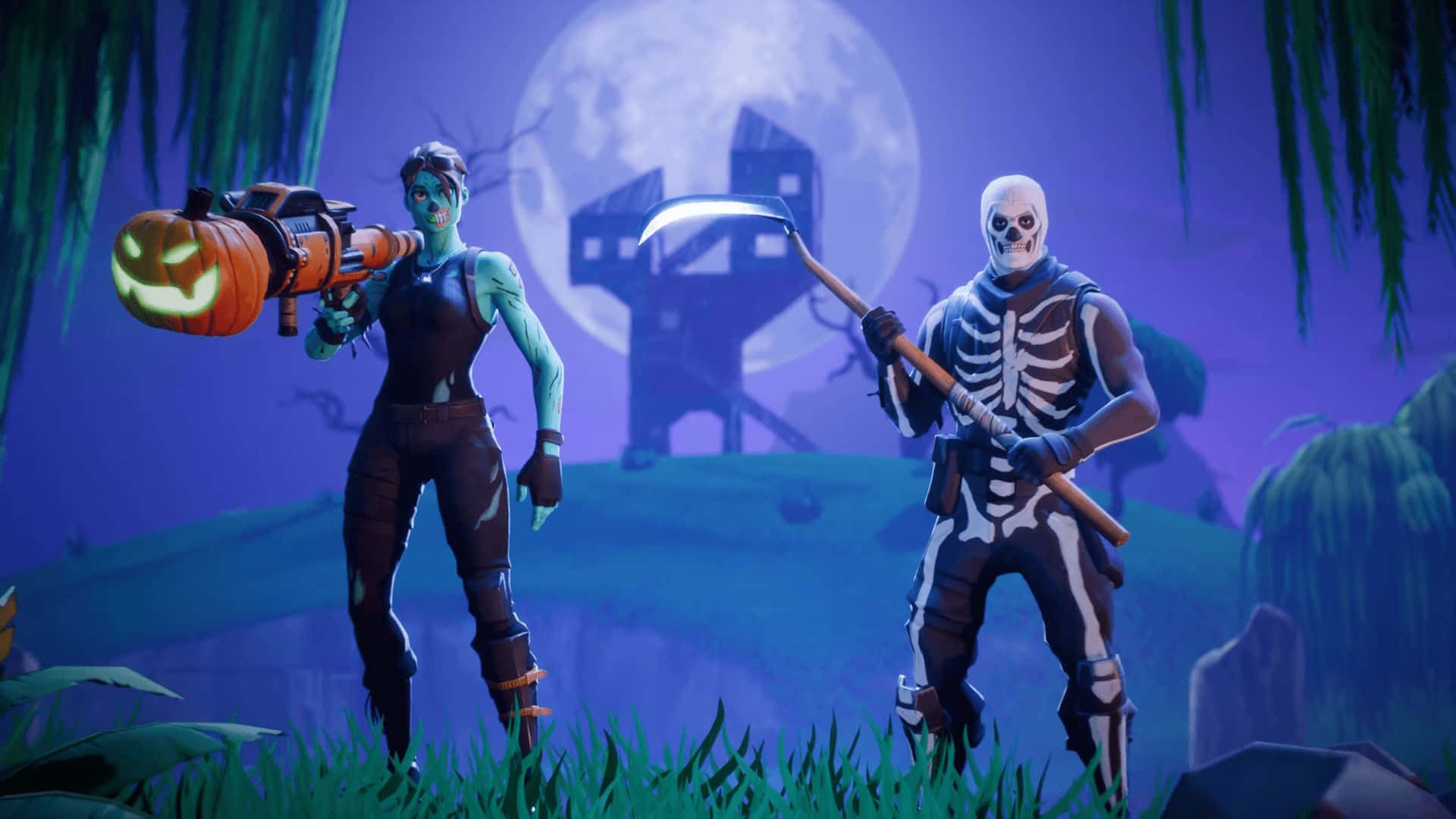 Fortnite 桌布 壁紙 — 兩個 Fortnite 角色，一個拿著南瓜槍的殭屍和一個骷髏戰士，站在滿月下詭異的紫色沼澤中。