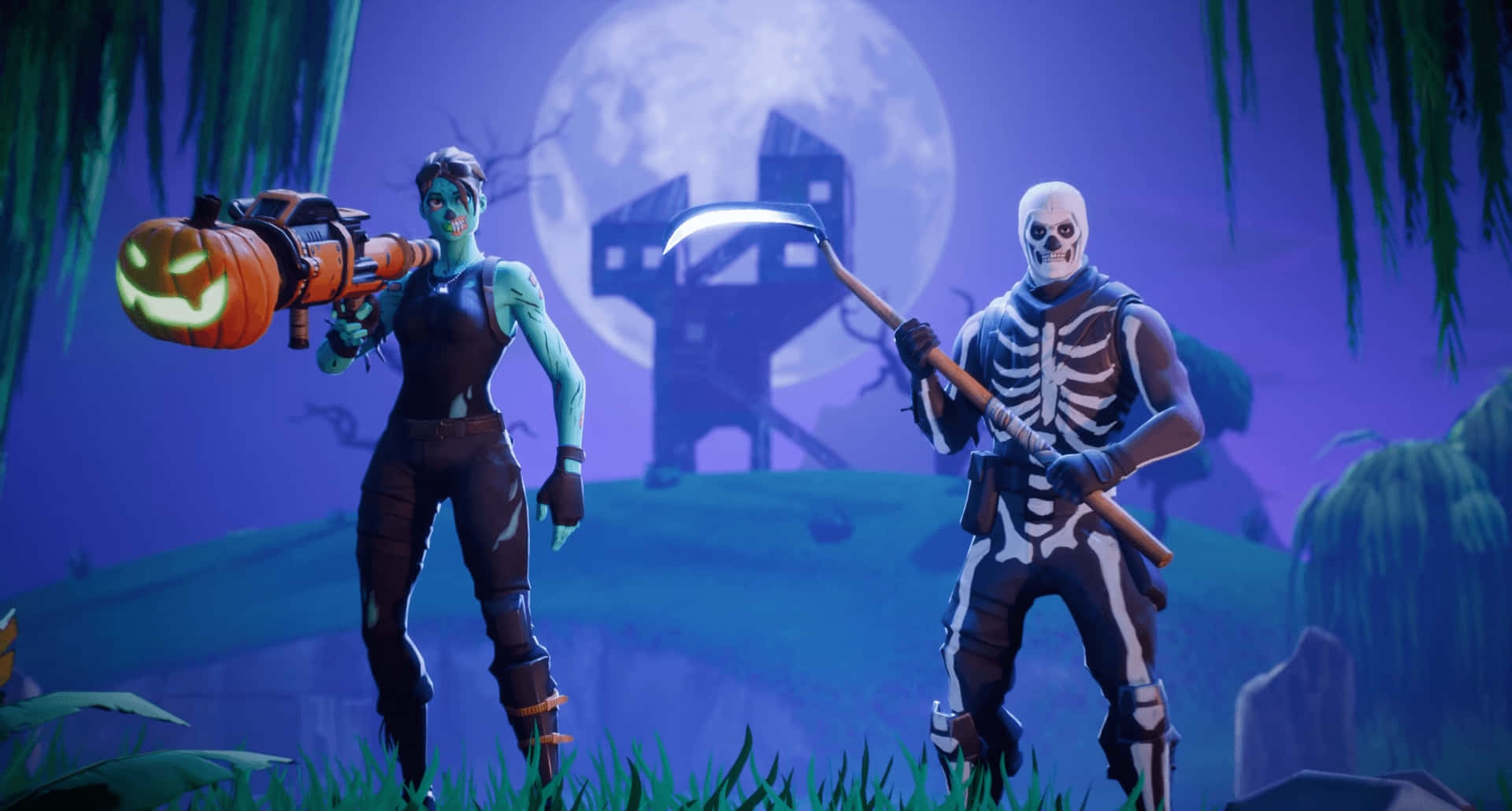 Fye No Skin Fortnite 桌布 壁紙 — 兩個 Fortnite 角色，一個拿著南瓜武器的殭屍和一個拿著鐮刀的骷髏，站在詭異的紫色月光沼澤中。
