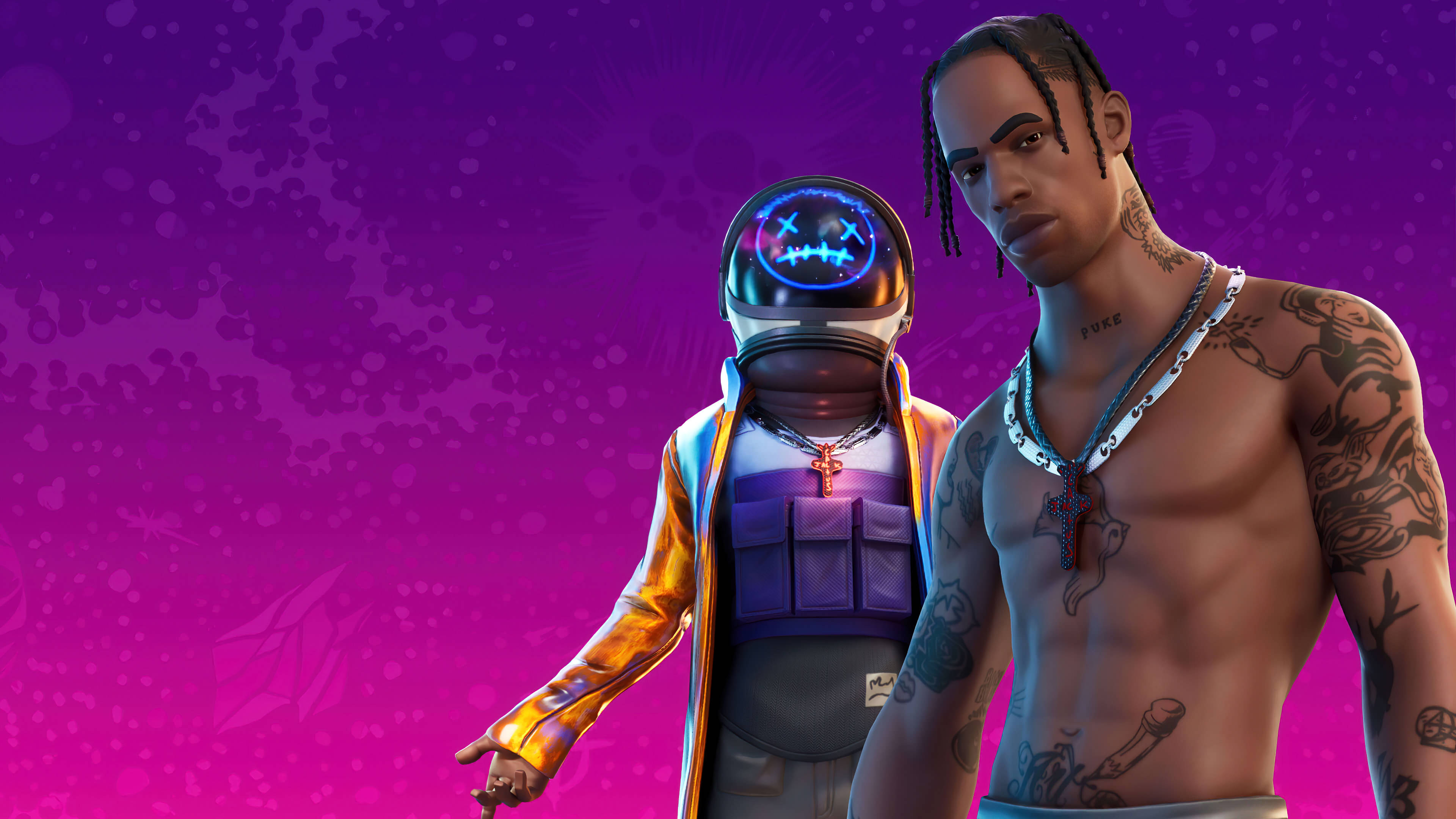 Cactus Jack 桌布 壁紙 — 兩個 Fortnite 角色，一個戴著發光頭盔和金色外套，另一個是刺青男子戴著十字架項鍊，背景是充滿活力的紫粉漸層色。