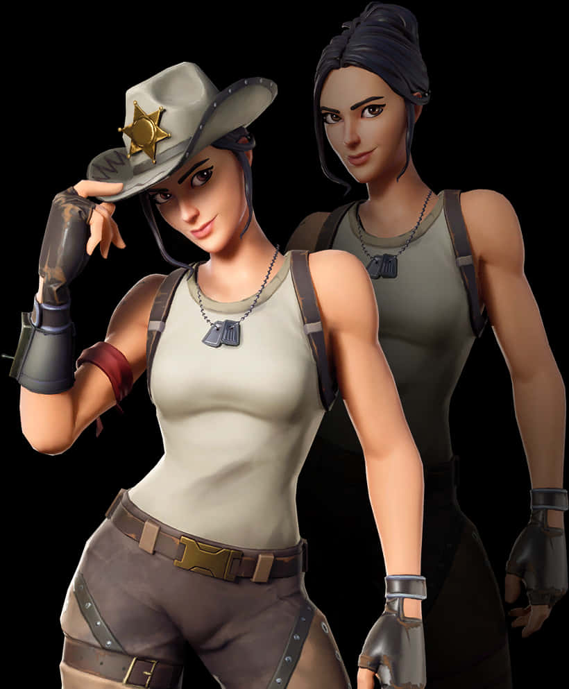 Fortnite Default Skin 桌布 壁紙 — 兩個 Fortnite 角色，一個穿著警長服裝對著觀眾微笑，另一個穿著暗色裝備站在後面，黑色背景。