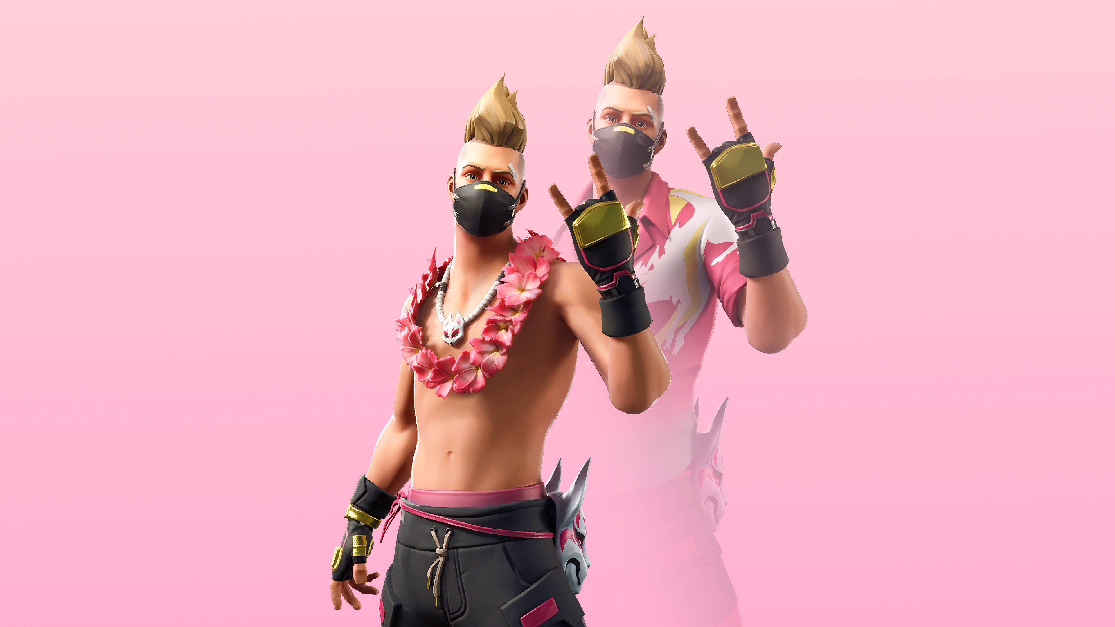 Drift 桌布 壁紙 — 兩個 Fortnite 角色，留著莫西干頭並戴著口罩，在純粉紅色背景前自信地擺姿勢。