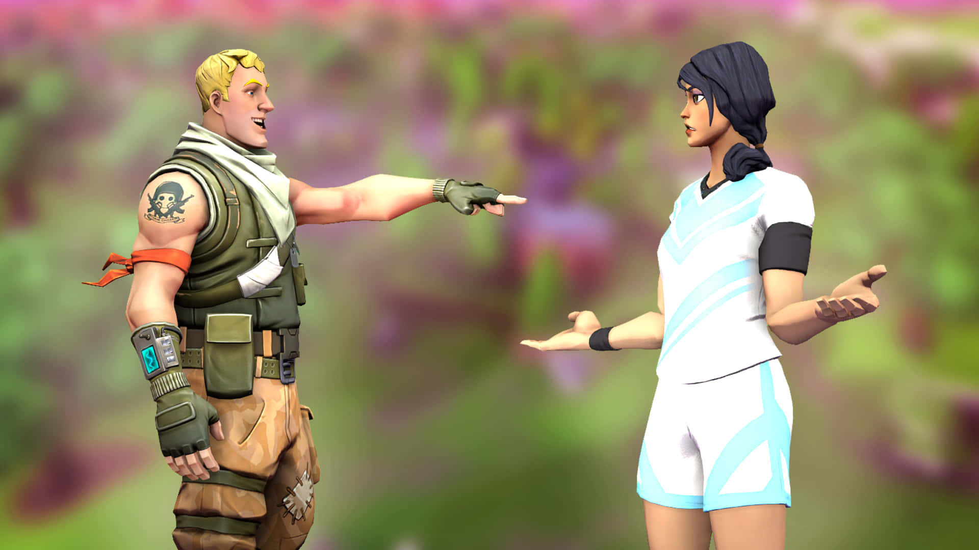 Sweaty Soccer Skin 桌布 壁紙 — 兩個 Fortnite 角色在一個充滿活力的花園中對峙，身後是模糊的粉紅色和綠色樹葉。