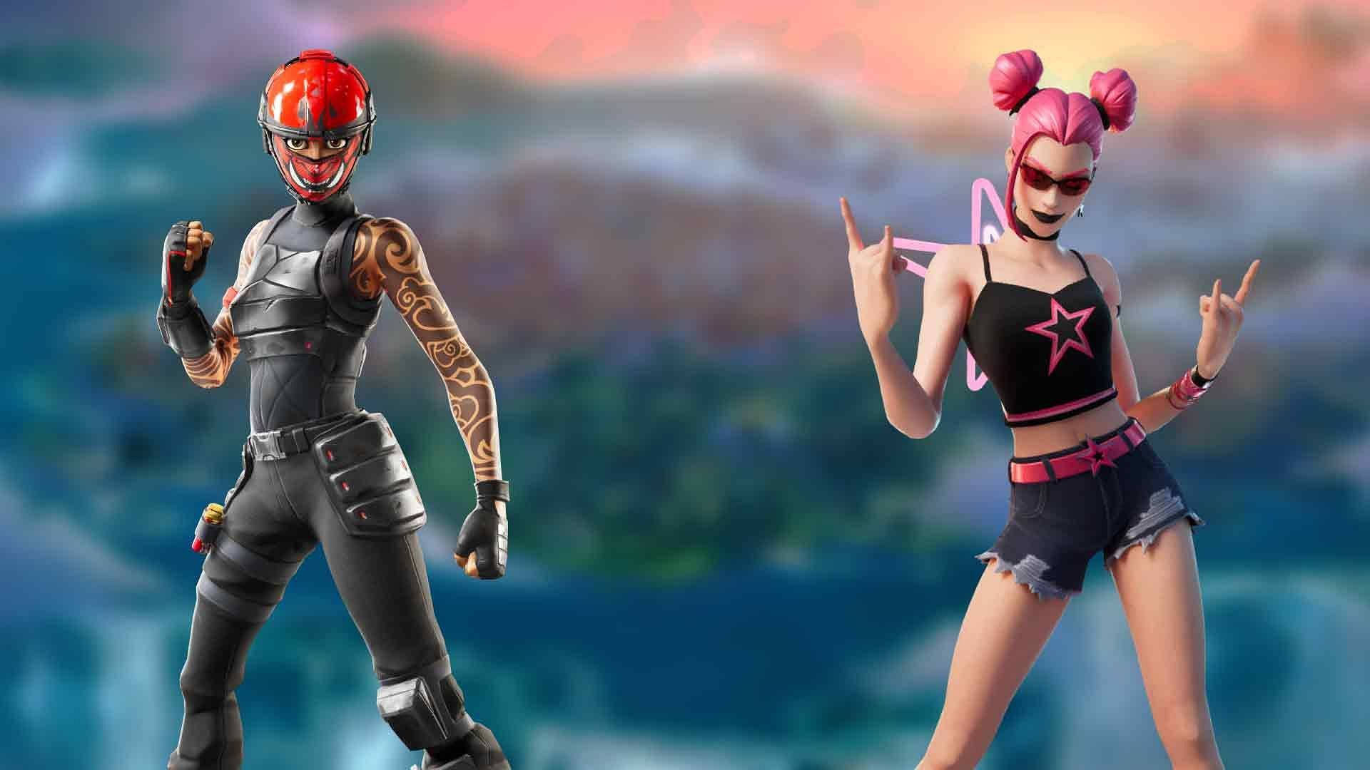 電玩遊戲 桌布 壁紙 — 兩個 Fortnite 角色在充滿活力的日落背景下自信地擺姿勢，背景是風格化的山脈。