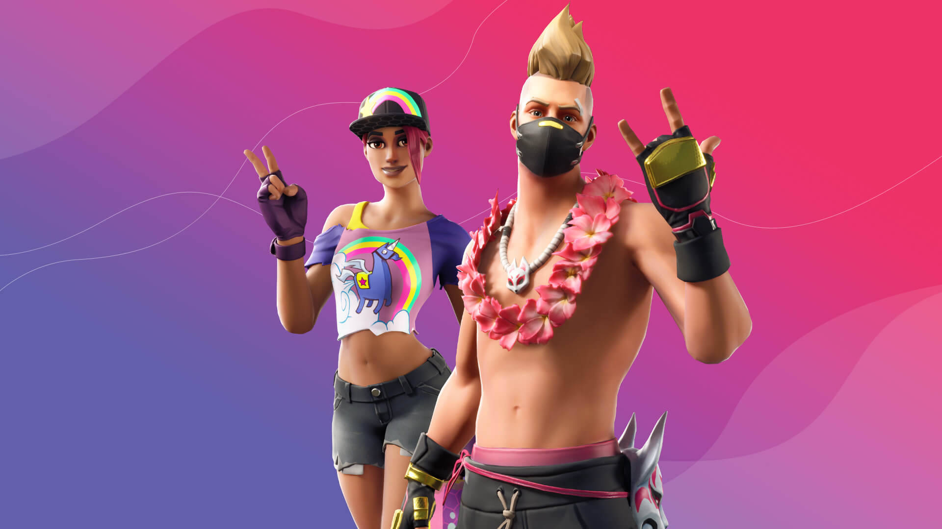 Drift 桌布 壁紙 — 兩個 Fortnite 角色在充滿活力的粉紅色和紫色漸變背景上自信地擺姿勢，背景帶有流動的波浪圖案。