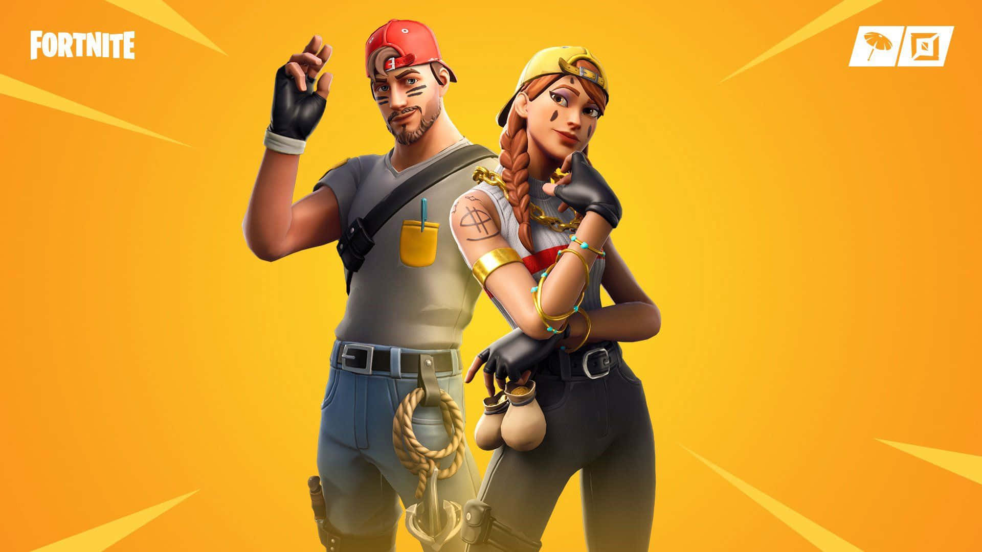 Fortnite 桌布 壁紙 — 兩個 Fortnite 角色在充滿活力的黃色背景前自信地擺姿勢，背景帶有放射狀光線。