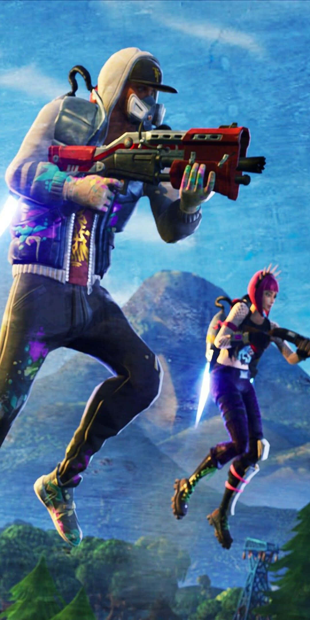 電玩遊戲 桌布 壁紙 — 兩個 Fortnite 角色在充滿活力的天空中跳躍，手持發光武器，身穿色彩繽紛的服裝，背景是山脈。