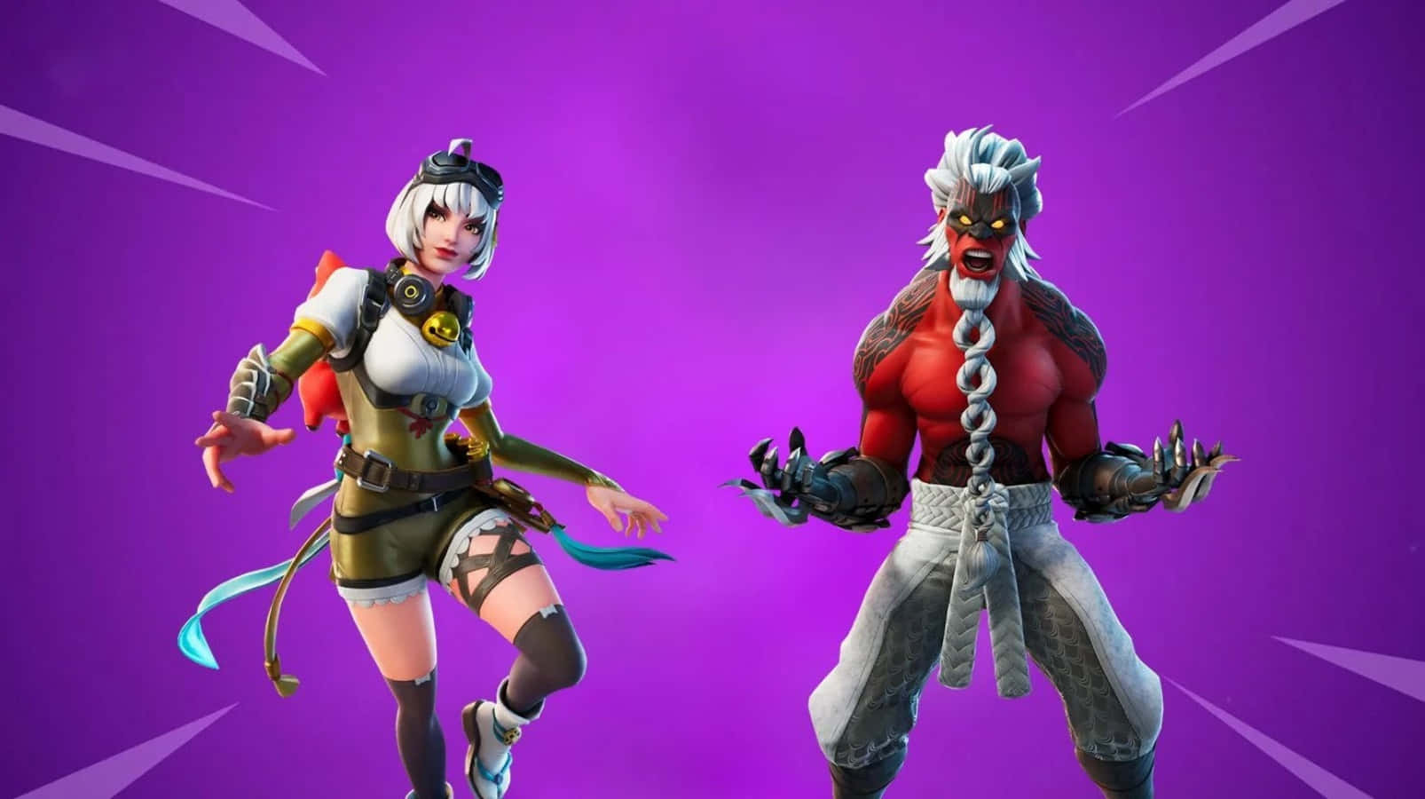 Fortnite Skins Battle Royale 桌布 壁紙 — 兩個 Fortnite 角色在充滿活力的紫色背景前動態擺姿勢，帶有輻射光效。