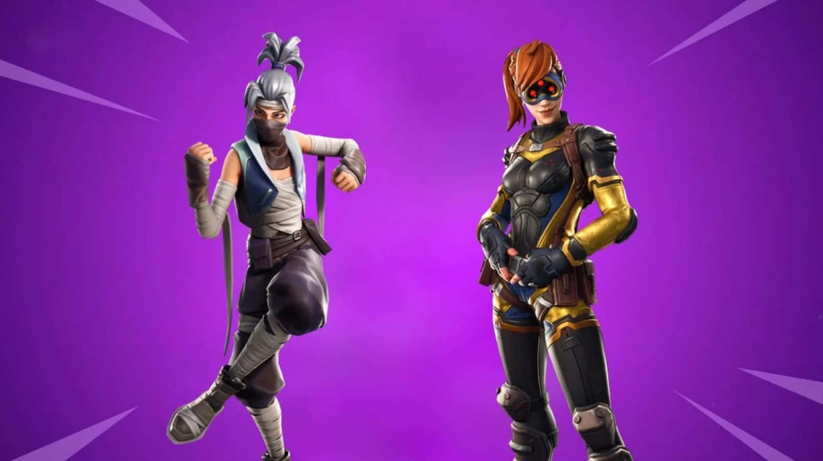 Fortnite Skins Battle Royale 桌布 壁紙 — 兩個 Fortnite 角色在充滿活力的紫色背景前動態擺姿勢，帶有放射光效。
