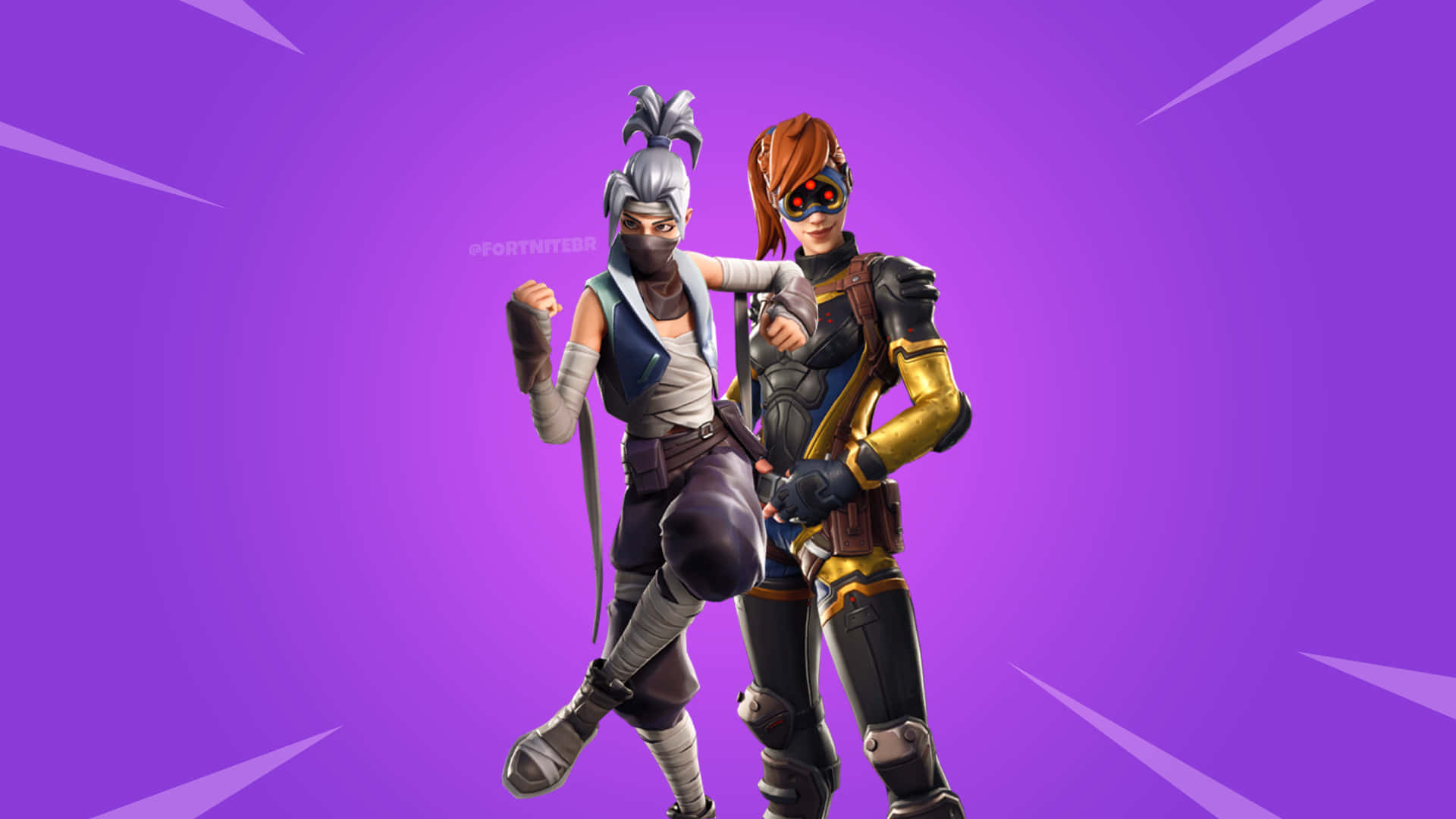 Fortnite 桌布 壁紙 — 兩個 Fortnite 角色在帶有放射線的鮮豔紫色背景前動感擺姿勢。