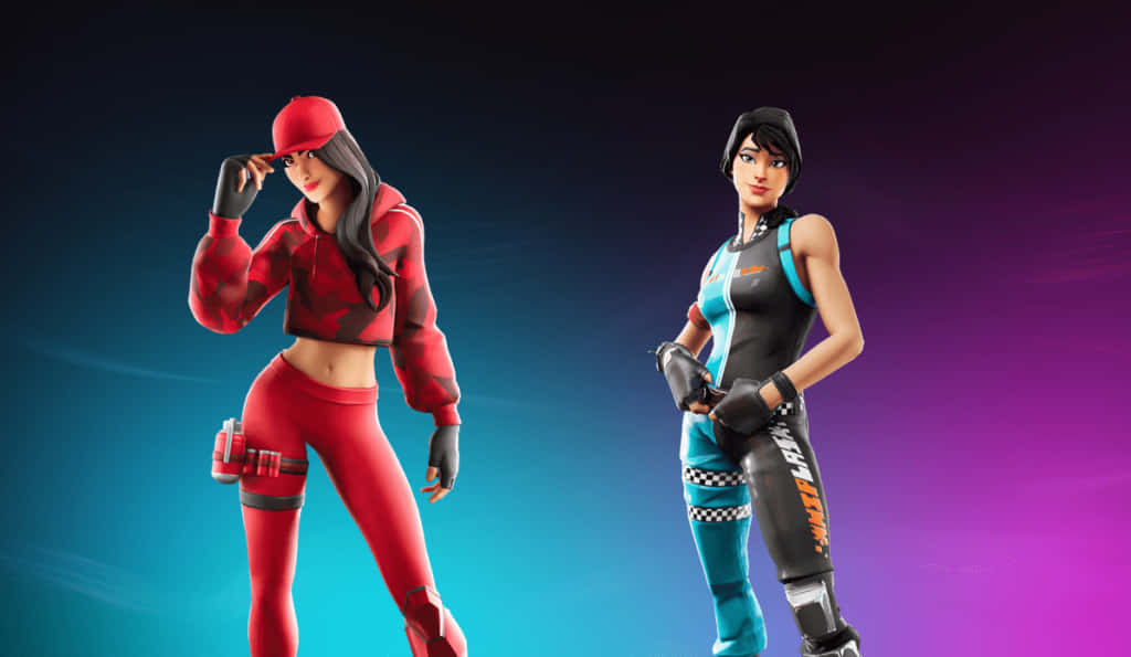 Ruby Fortnite Skin 桌布 壁紙 — 兩個 Fortnite 角色在藍色和紫色的鮮豔漸變背景前自信地擺姿勢。