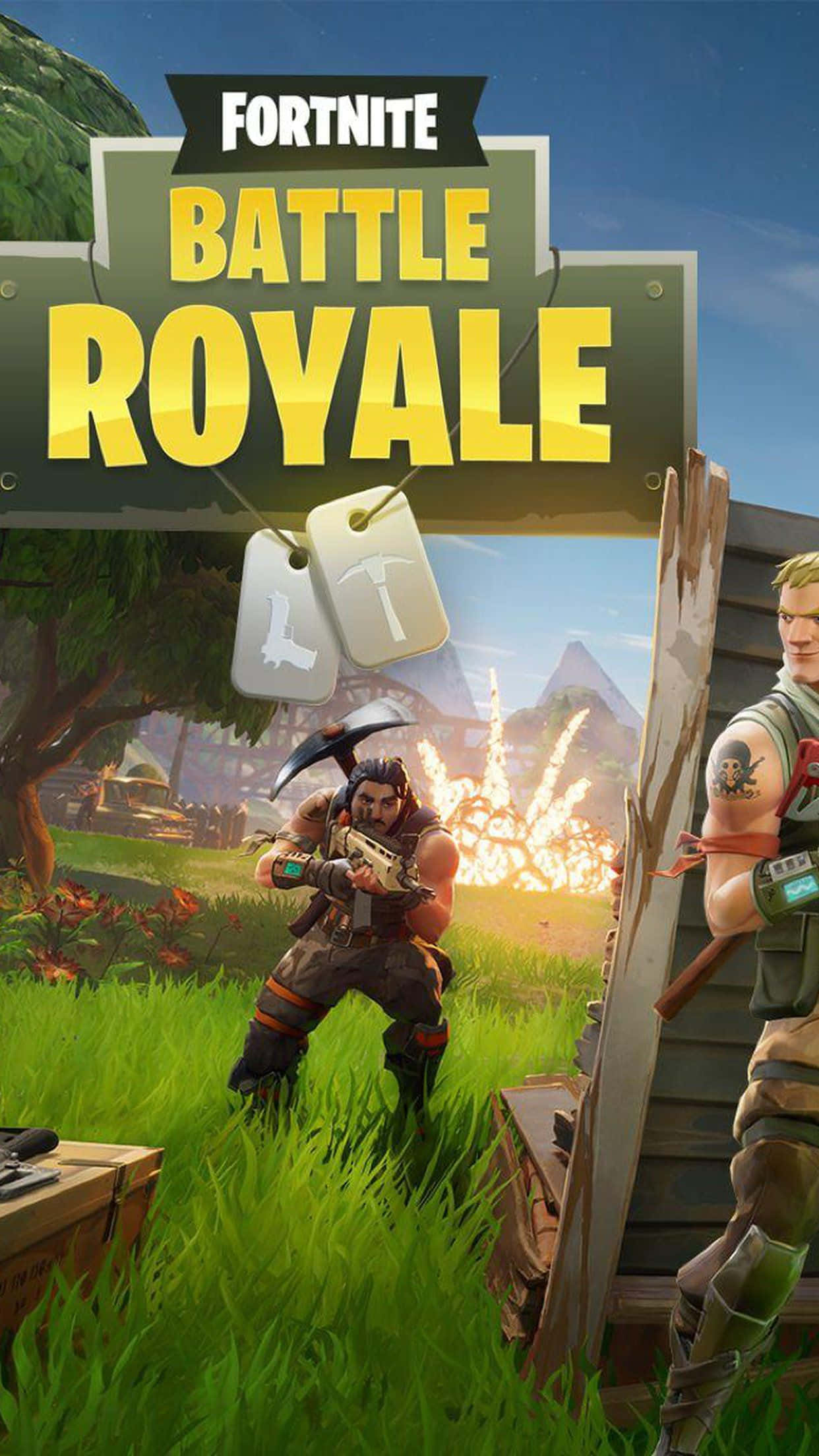 Fortnite iPhone 桌布 壁紙 — 兩個 Fortnite 角色站在草地上，背後有猛烈爆炸，天空清澈蔚藍。