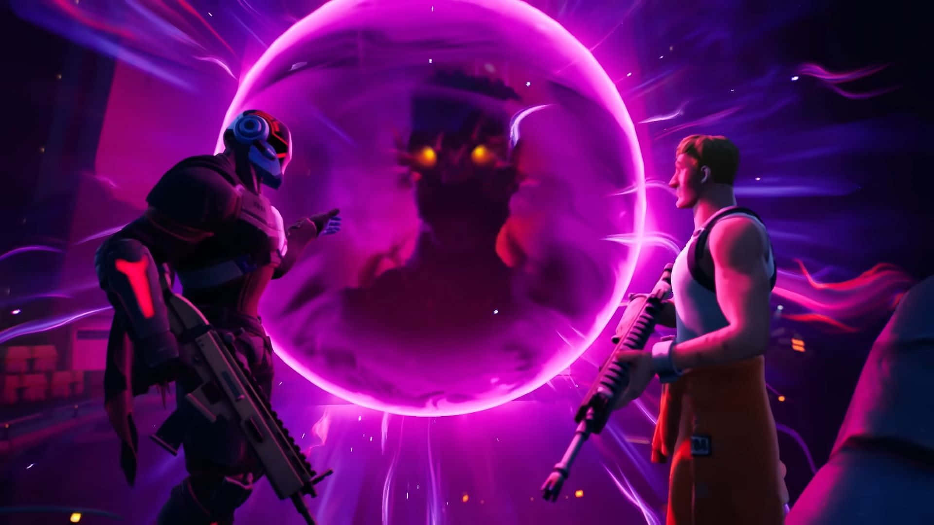 桌布 壁紙 — 兩個 Fortnite 角色面對一個發光的紫色球體，裡面有一個帶有發光眼睛的威脅性陰影人物。