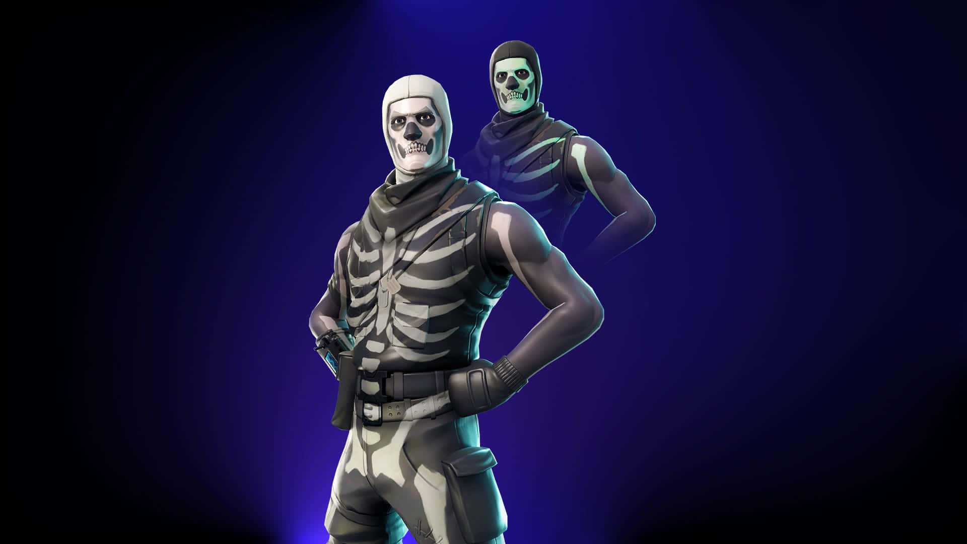 桌布 壁紙 — 兩個 Fortnite 骷髏角色在發光的紫色漸變背景前自信地擺姿勢。