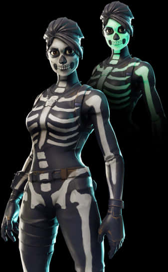 Fortnite Character 桌布 壁紙 — 兩個 Fortnite 骷髏角色站在黑色背景前，一個發出綠色光芒，一個白色帶有詳細骨骼結構。