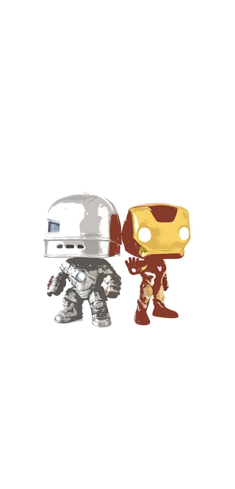Iron Man Pop Figures 桌布 壁紙 — 兩個 Funko Pop 人偶，鋼鐵人和戰爭機器，並排站在純白色背景前。