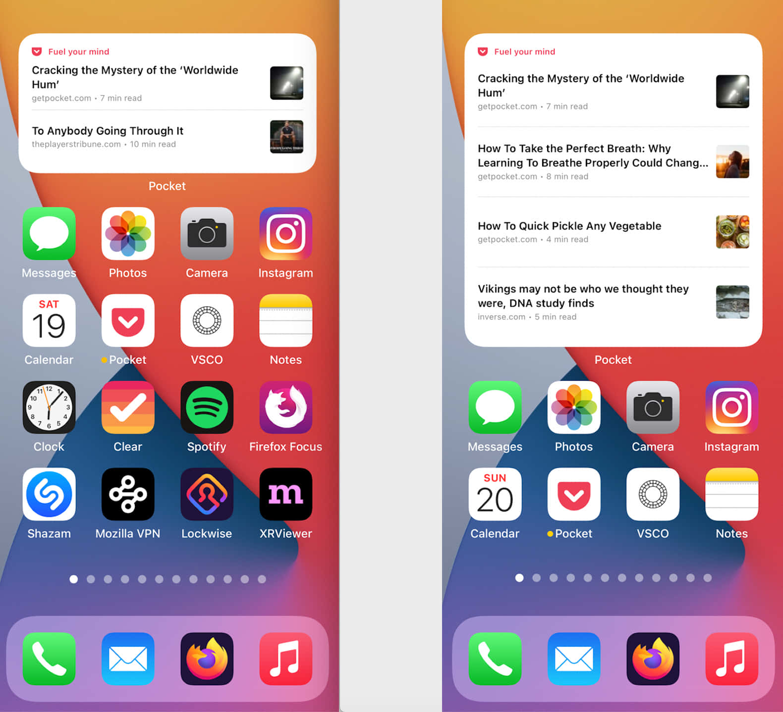 iPhone 桌布 壁紙 — 兩個 iPhone 主畫面並排顯示，在漸層背景上展示應用程式圖示和 Pocket 文章預覽。