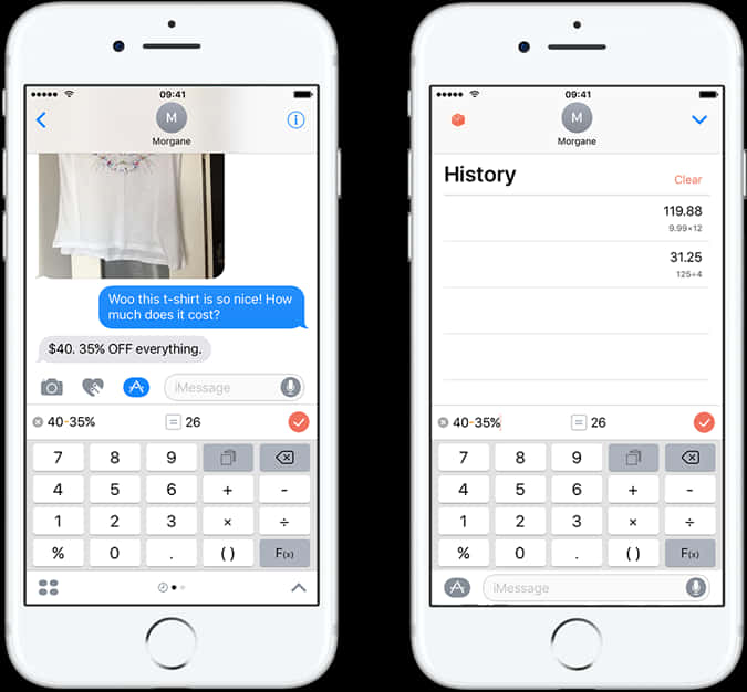 Smart Phone 桌布 壁紙 — 兩個 iPhone 螢幕顯示 iMessage 應用程式，包含 T 恤照片和價格計算，以聊天和歷史記錄檢視。